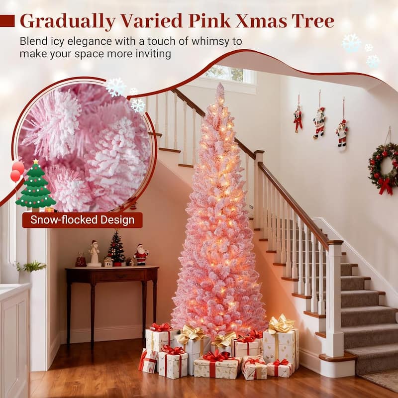 6/7FT Pre-lit Snow-Flocked Pencil Christmas Tree Pink Hinged Xmas Tree