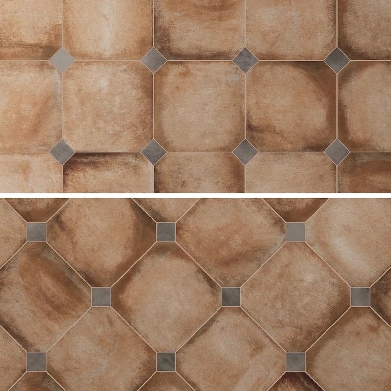Merola Tile Laverton Octagon Natural with Taco Grafito 7-7/8" x 7-7/8" Porcelain Floor and Wall Tile