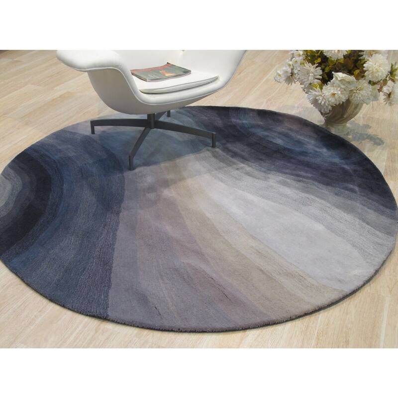 Blue Hand-Tufted Wool Contemporary Desertland Rug, 9'9 Round, Elegant Modern Design - L