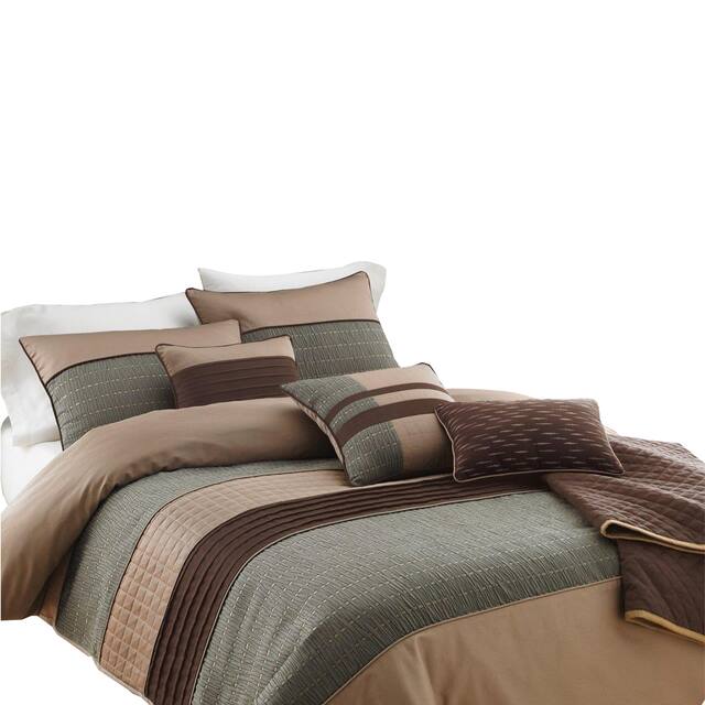 7 Piece King Polyester Comforter Set with Pleats and Texture, Gray and Brown