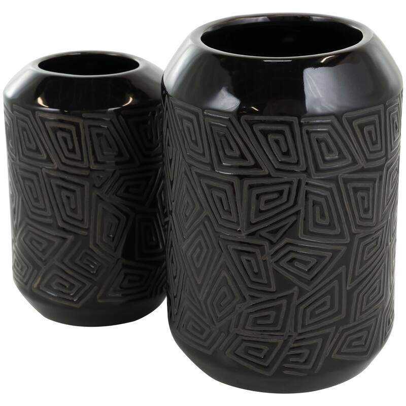 Black Ceramic Decorative Vase with Geometric Etchings (Set of 2)