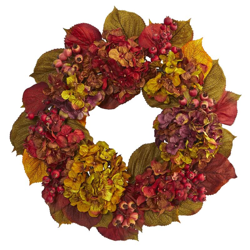 Hydrangea and Berries Artificial Fall Harvest Wreath, 24-Inch, Unlit