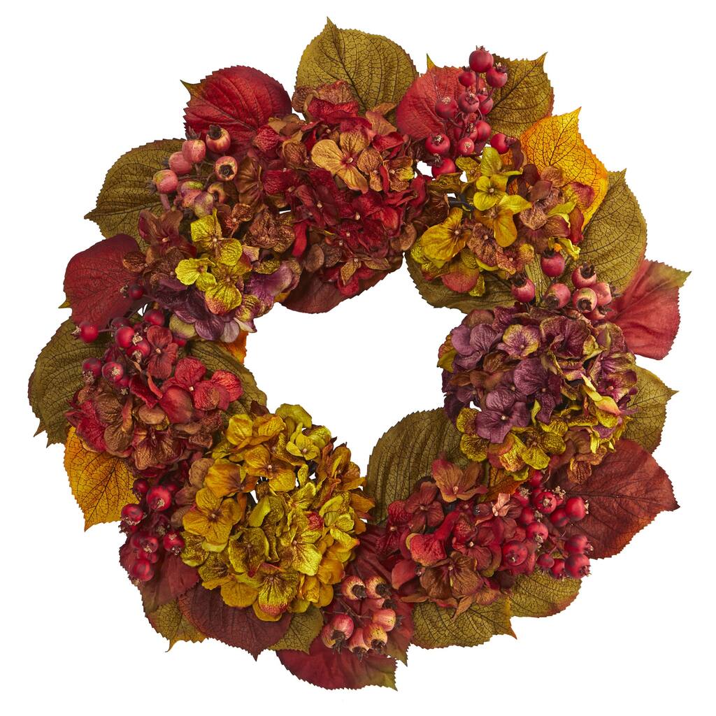 Hydrangea and Berries Artificial Fall Harvest Wreath, 24-Inch, Unlit
