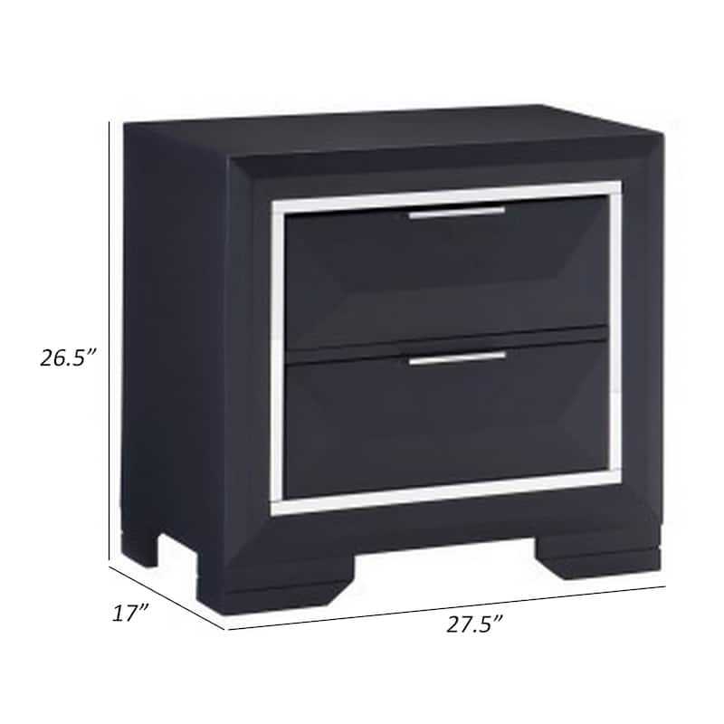 Rosy 27 Inch Nightstand, 2 Drawers, Chrome Accents, Midnight Blue Wood