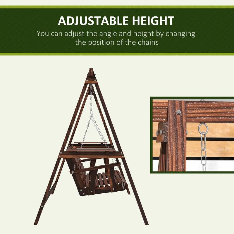 2-Seat Wooden Porch Swing, Stand, Side Tables, Metal Chains, Outdoor