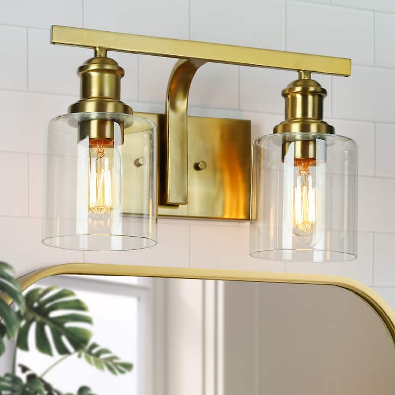 Oriva Modern 2-Light Gold Wall Sconce Cylinder Clear Glass Bathroom Vanity Light - Brushed Electroplated Copper - W14"xD6.5"xH9"