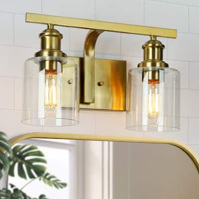 Oriva Modern 2-Light Gold Wall Sconce Cylinder Clear Glass Bathroom Vanity Light - Brushed Electroplated Copper - W14"xD6.5"xH9"