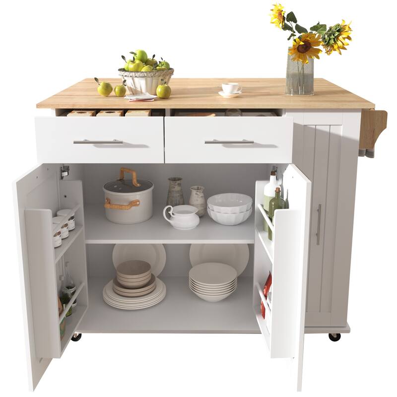 Kitchen Island with Drop Leaf and Internal Storage Rack, Rolling Storage Cart with 3 Tier Pull Out Cabinet Organizer, 2 Drawers