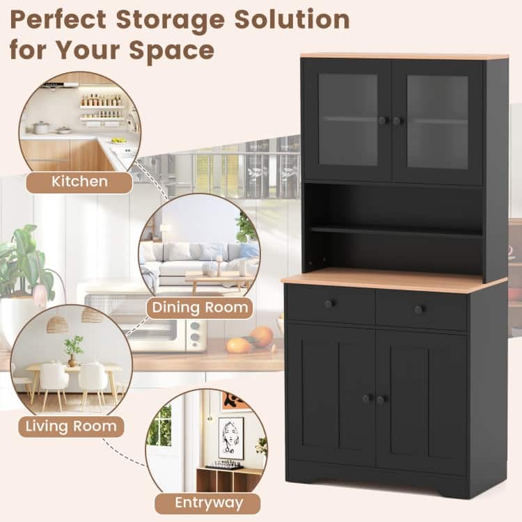 Pantry Cabinet with Glass Doors Adjustable Shelves and 2 Drawers for Kitchen Storage - 31.5" x 16.5" x 67"