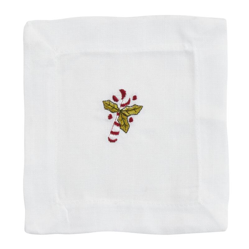 Embroidered Cocktail Napkins With Candy Cane Design (Set of 12) - 6"x6"