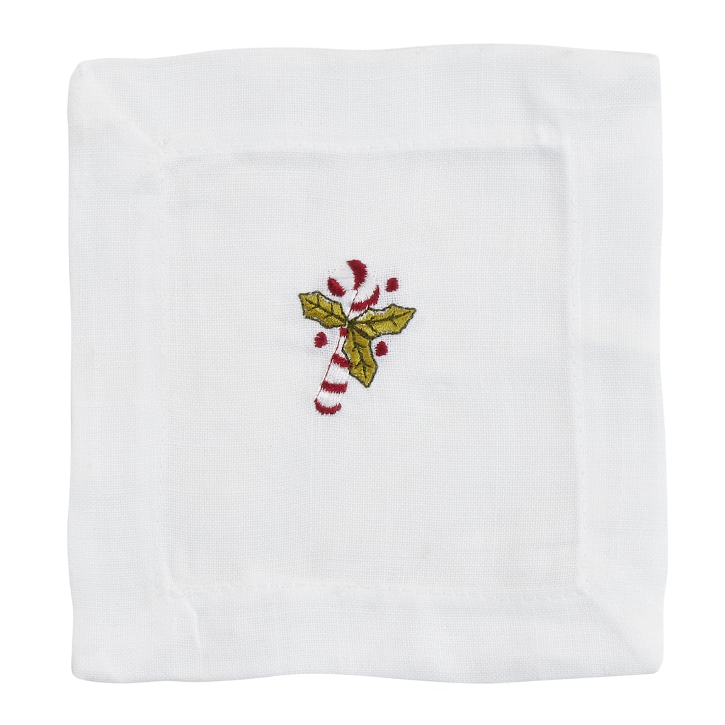 Embroidered Cocktail Napkins With Candy Cane Design (Set of 12) - 6"x6"