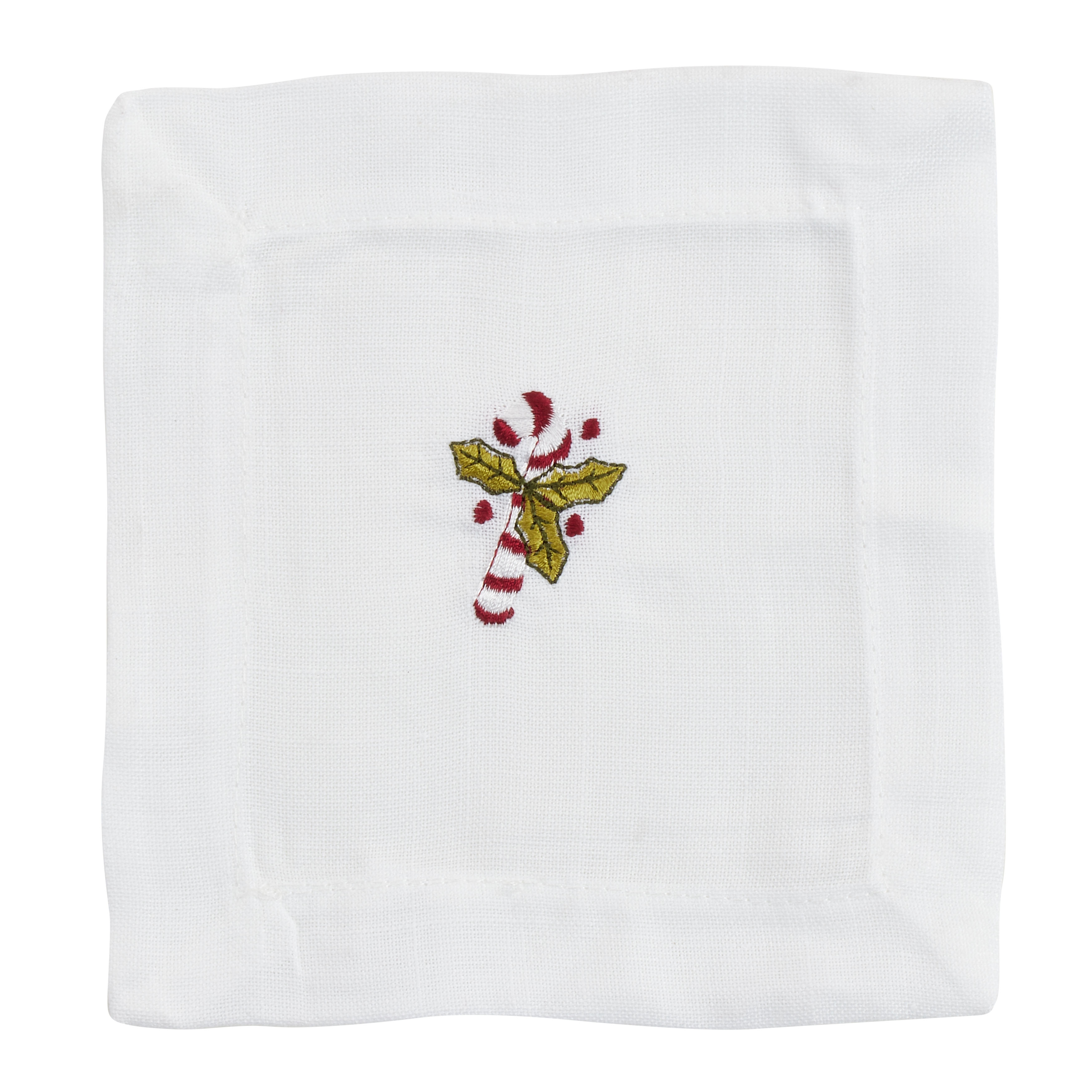 Embroidered Cocktail Napkins With Candy Cane Design (Set of 12) - 6"x6"