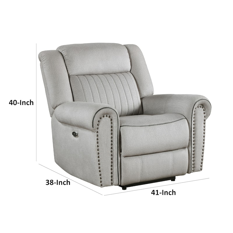 Ben Power Reclining Chair, 41 Inch, Gray Microfiber, Nailhead Trims