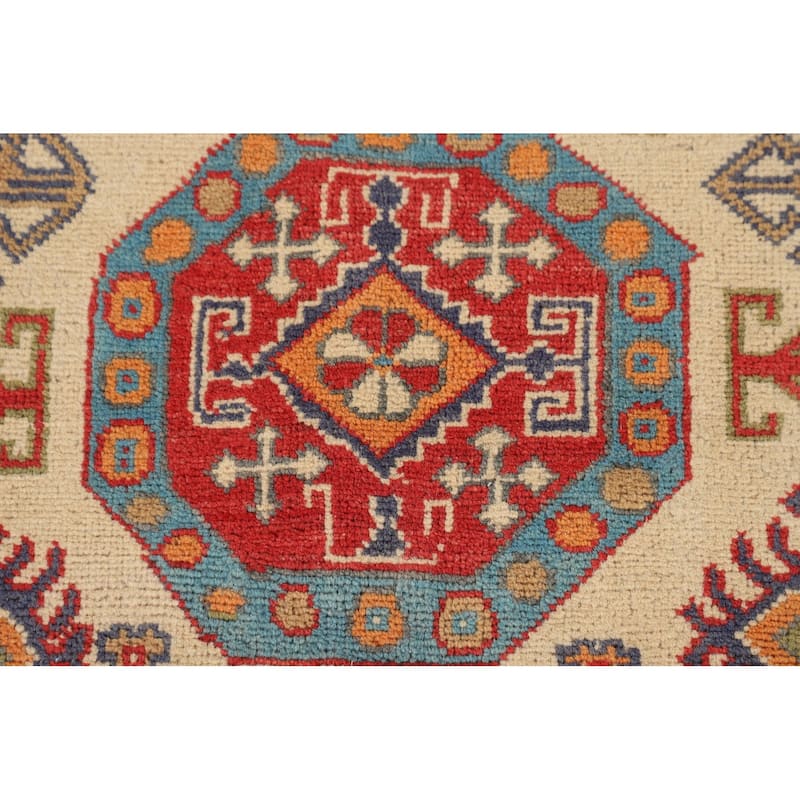 Geometric Beige Kazak Foyer Rug Hand-Knotted Oriental Wool Carpet - 4'0" x 5'11"