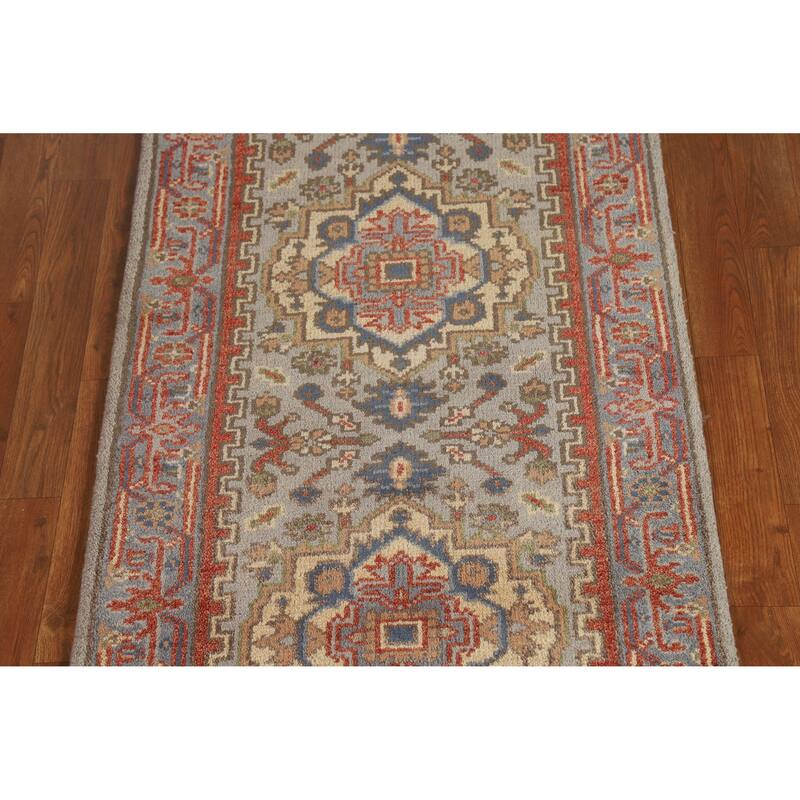 Hand Knotted Oriental 100% Wool Carpet Traditional Geometric Greys & Charcoal Heriz (serapi) Runner Rug - 7' 11'' X 2' 7''