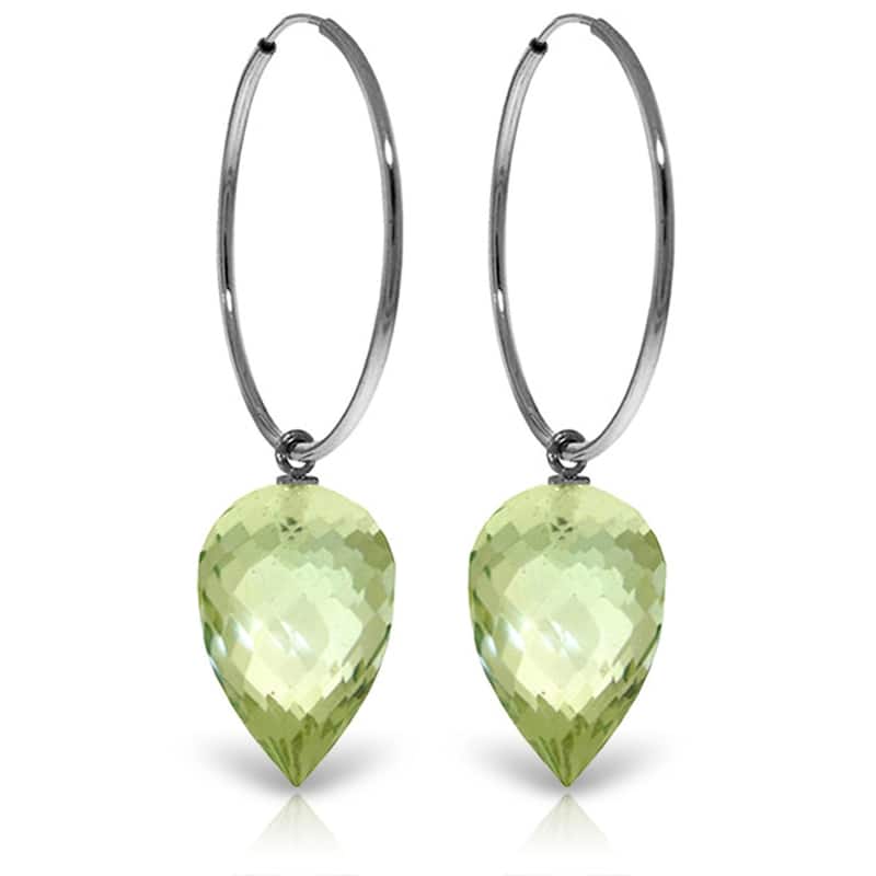 14K Solid Gold Hoop Earrings w/ Pointy Briolette Drop Green Amethysts - White