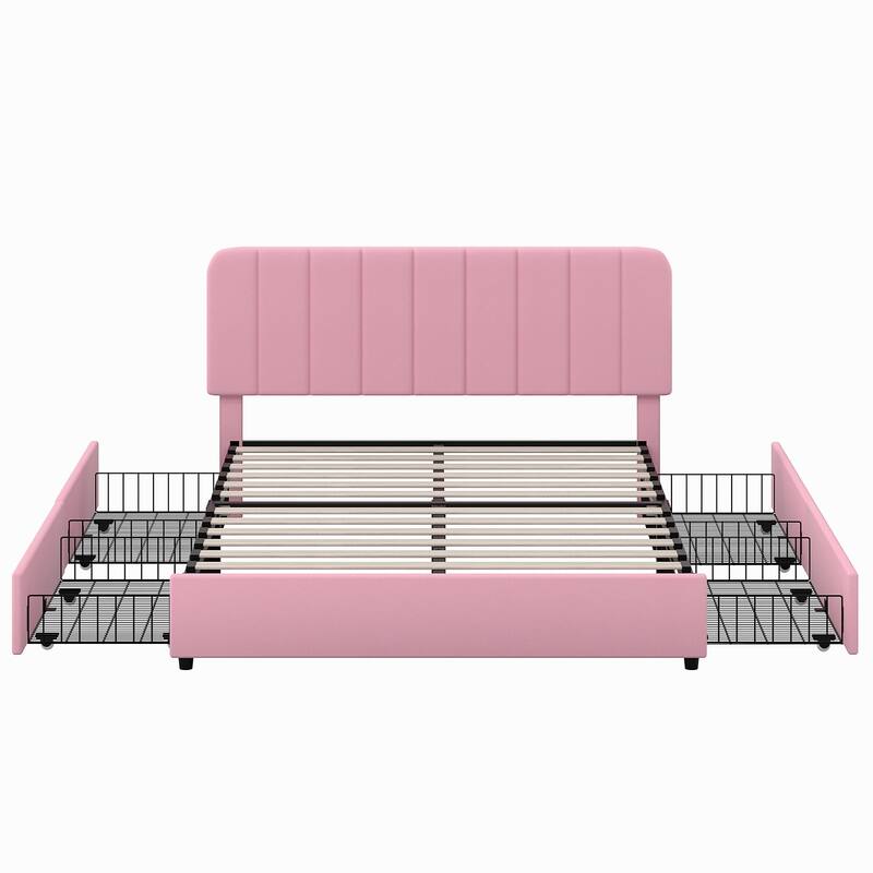 Pink Upholstered Platform Bed Frame with 4 Storage Drawers, Adjustable Velvet Rivets Headboard