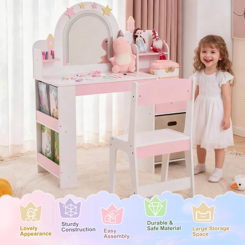 Kids MDF Vanity Table Set In White And Pink With 1 Drawer And Storage Rack - N/A