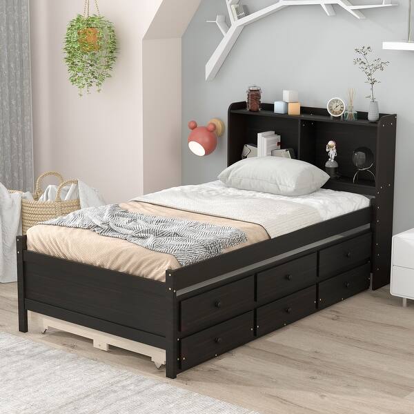 slide 2 of 9, Espresso Twin Size Pine Wood Platform Bed with Storage Headboard, Twin Trundle, and 3 Drawers Espresso