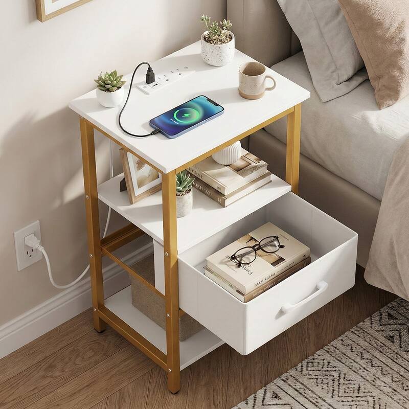 Gymax Nightstand w/Charging Station Set of 2 w/Fabric Drawer & Open