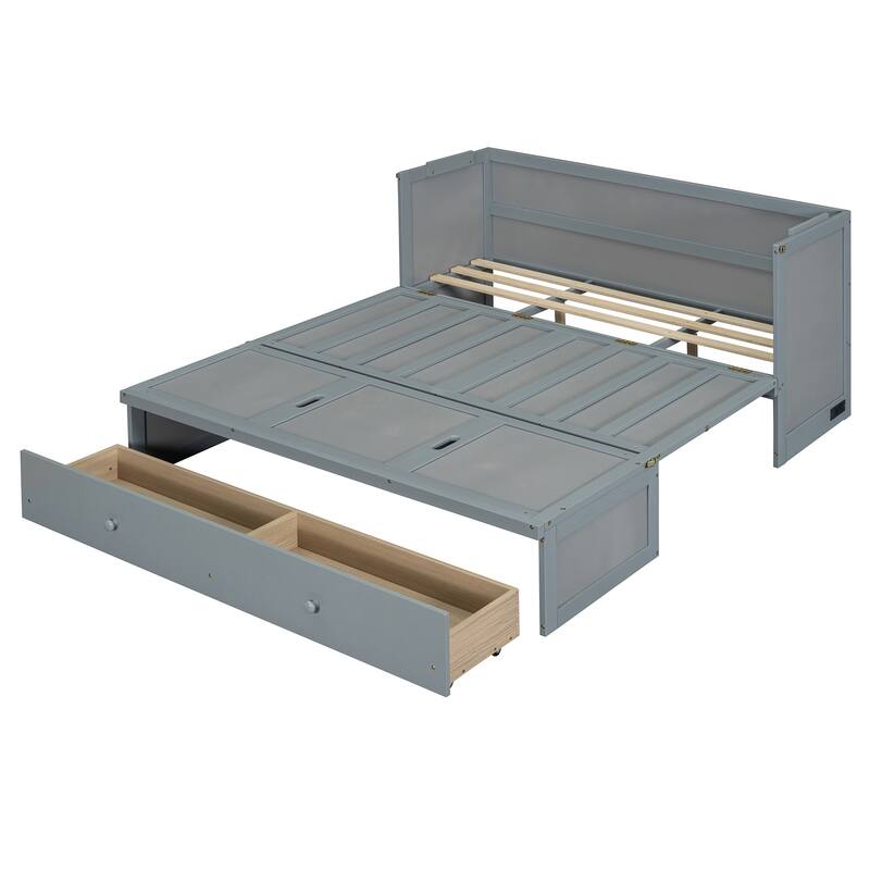 Queen Size 2-in-1 Murphy Bed Cabinet with Space Saving Design with Built in USB/Power Outlets, Large Storage Drawer