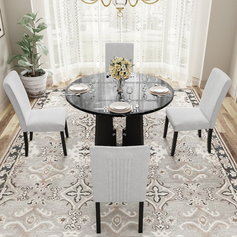 Modern Wooden 5-piece Round Dining Set with 4 Upholstered Chairs for Dining Room