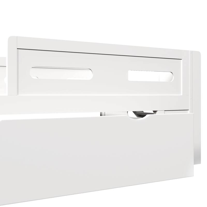 Roomfitters Full/Twin Size Wood Platform Bed with Underbed Storage Drawer and Safety Guardrails, Modern Low Loft Frame