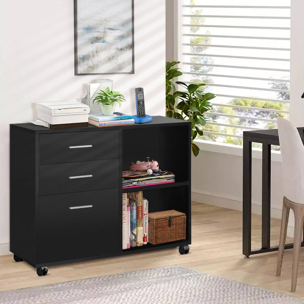 Wood Rolling Office Lateral Desk Cabinet Organizer with 3 Drawers