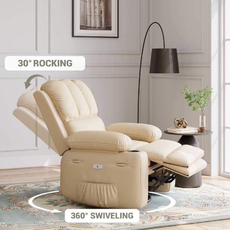 Oversized PU Recliner Sofa Chair with Heat Massage 360° Swivel and Manual Rocking Function
