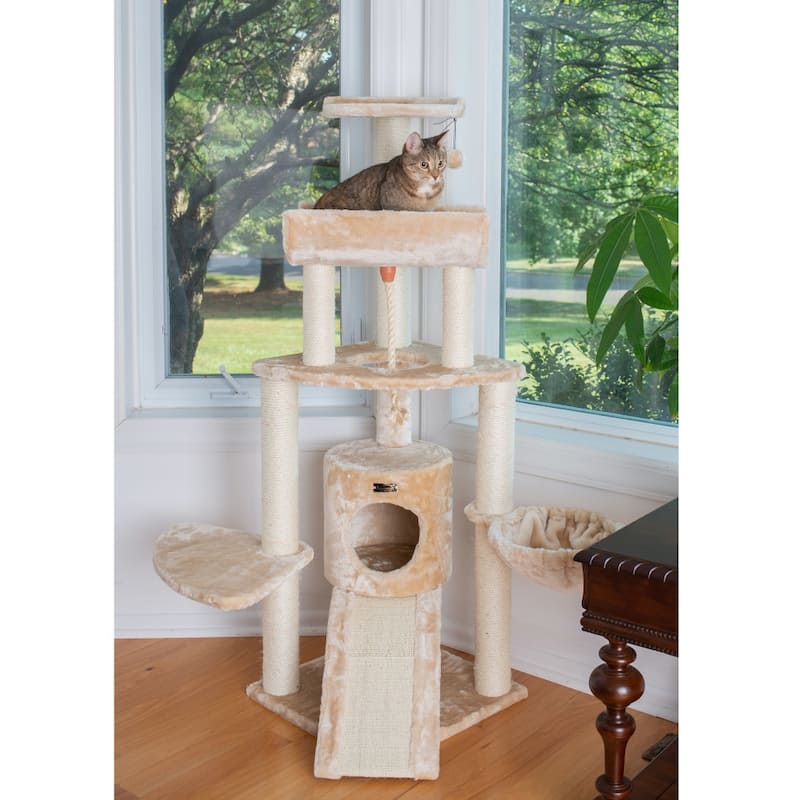 Thick Wood Cat Tower With Basket Lounge, Ramp, Beige