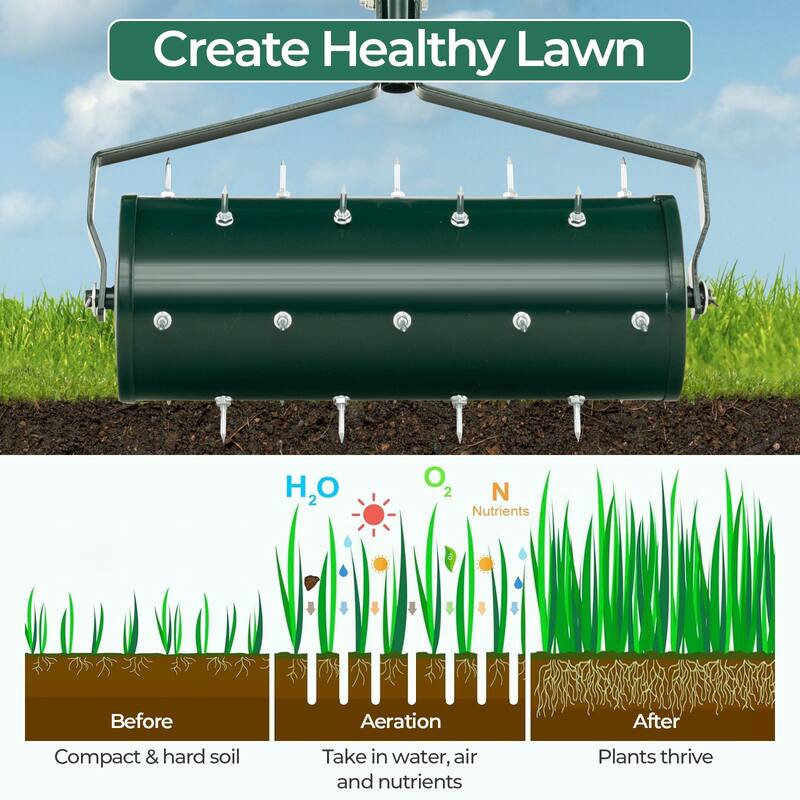 Manual Lawn Aerator Roller with Spiked Drum and Ergonomic Handle Fillable Steel Design