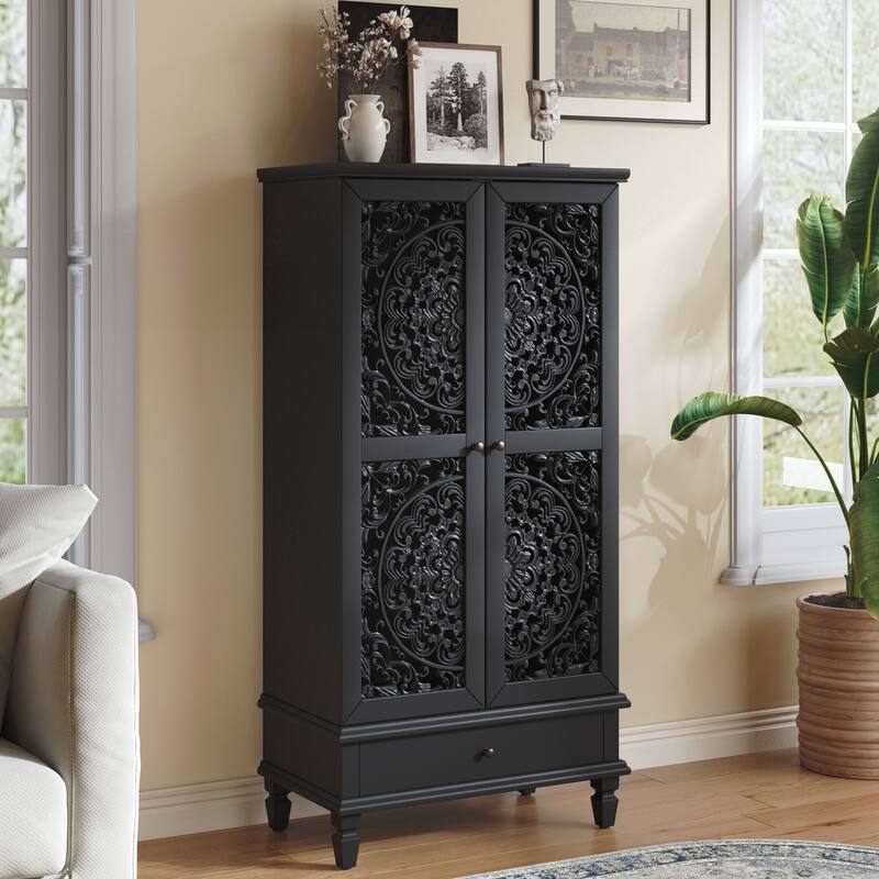 Tall Storage Cabinet with Drawer, Decorative 2-Door Carved Wood Accent Cabinet - Black