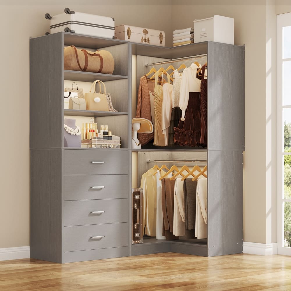 Cimly Set of 2 Corner Closet Organizer, Freestanding Closet System with Wooden Drawers