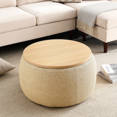 Round Storage Ottoman, 2 in 1 Function, Work as End table and Ottoman, Natural (25.5"x25.5"x14.5")