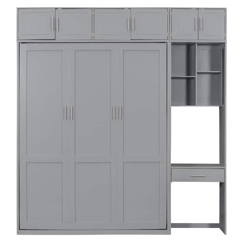 Queen Size Murphy Bed Hidden Cabinet with Desk and Drawer, Foldable Wood Wall Bed Frame with Top Cabinet & Storage Shelves