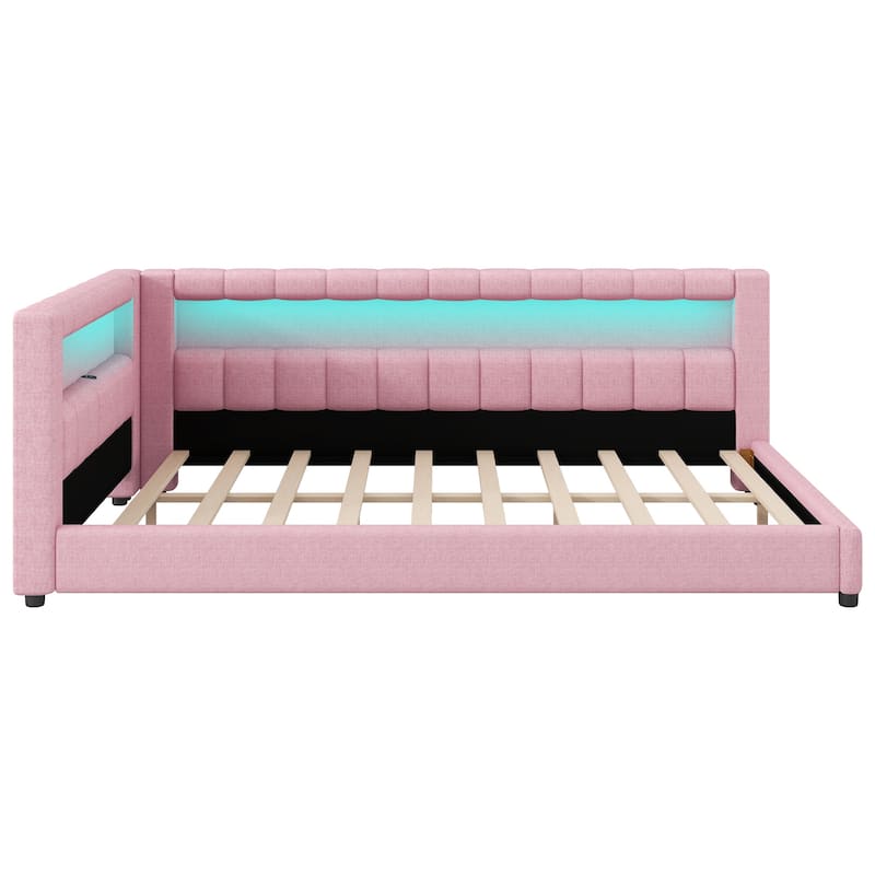 Upholstered Low-Profile Daybed Platform Bed Built-in USB Ports and LED Light Belt, Grounded Design with Padded Backrest
