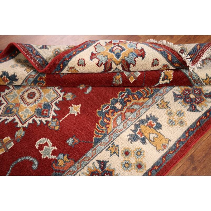 Red Geometric Kazak Foyer Rug Hand-Knotted Traditional Wool Carpet - 3'4" x 4'8"