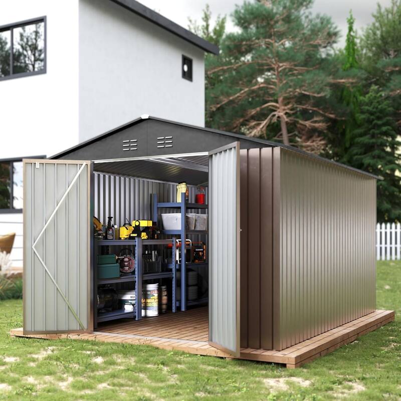 8x12FT Metal Outdoor Storage Shed with Lockable Door, Sloped Roof Steel Tool Shed