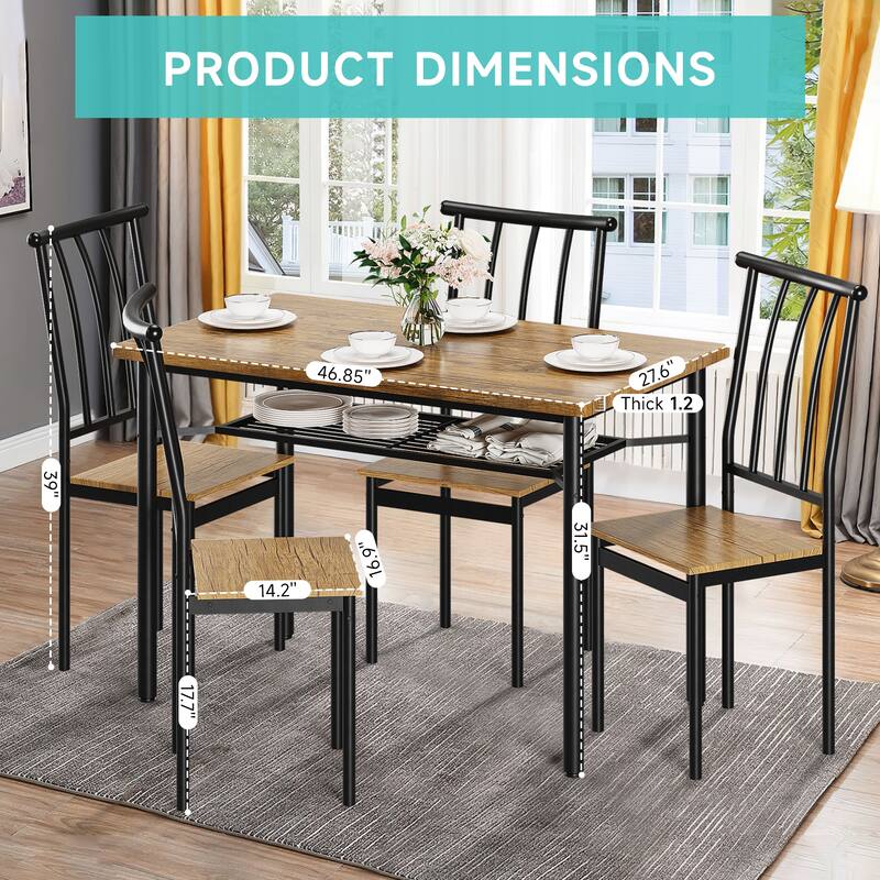 Dining Table Set for 4, Kitchen Table and Chairs with Wine Rack, 5 Piece Square Dining Room Table Set Brown - 46.85x27.6x31.5in