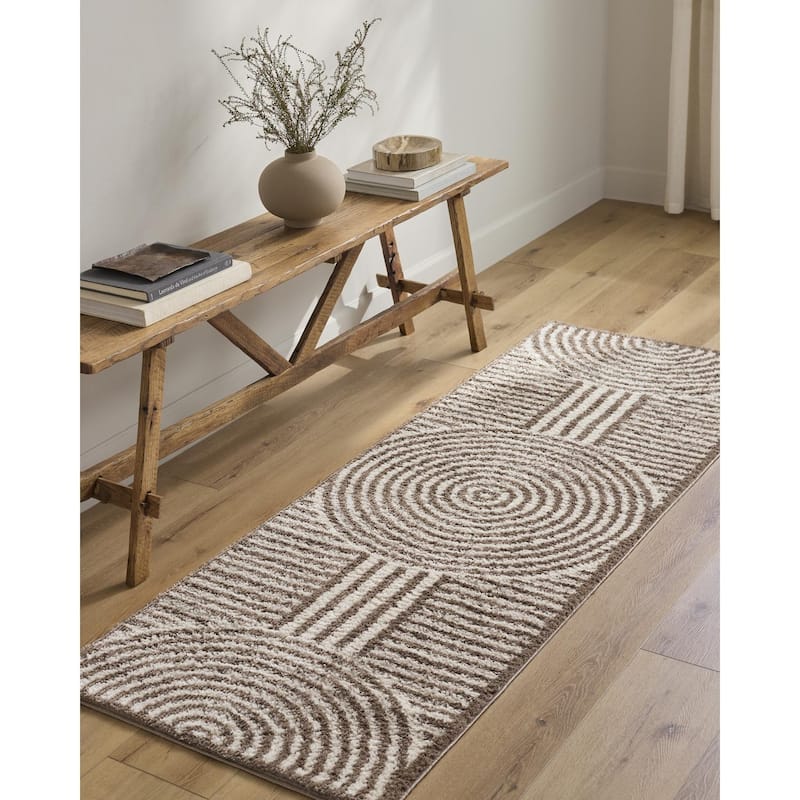 Livabliss Scandinavian Fossay Shag Stripe Washable Area Rug - 7'10" x 10' - Light Beige/ Dark Brown