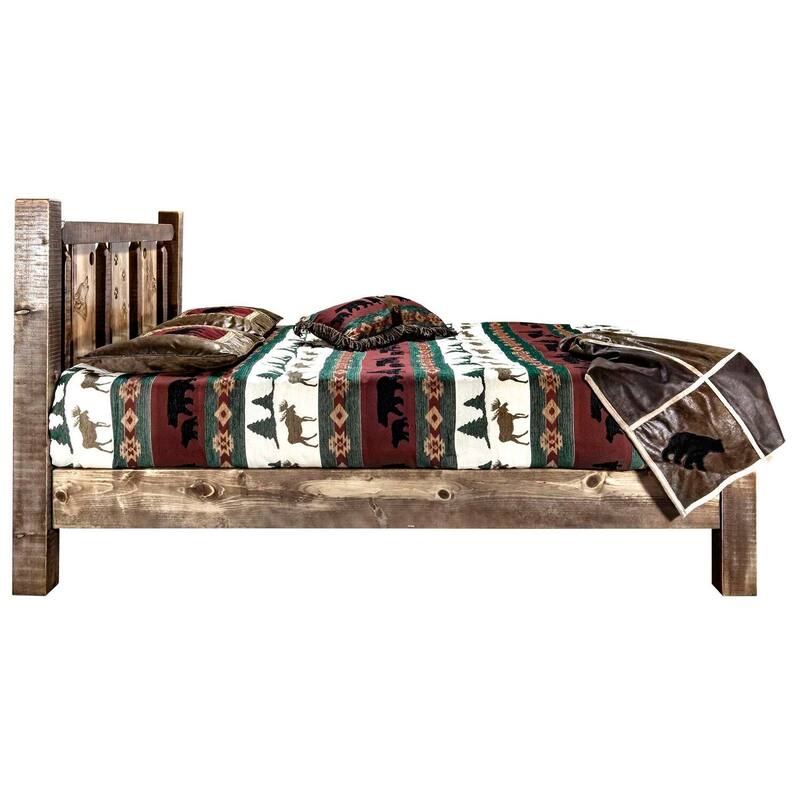 King Platform Bed - Wolf Design - Solid Pine Wood - Laser Engraved - 88x80x47"