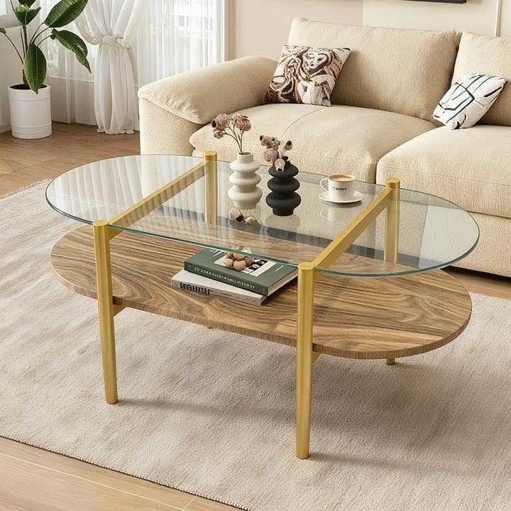 Modern Coffee Table with Clear Glass Top, Capsule Shape 2 Tier Center Table with Wood Shelf and Metal Legs for Living Room