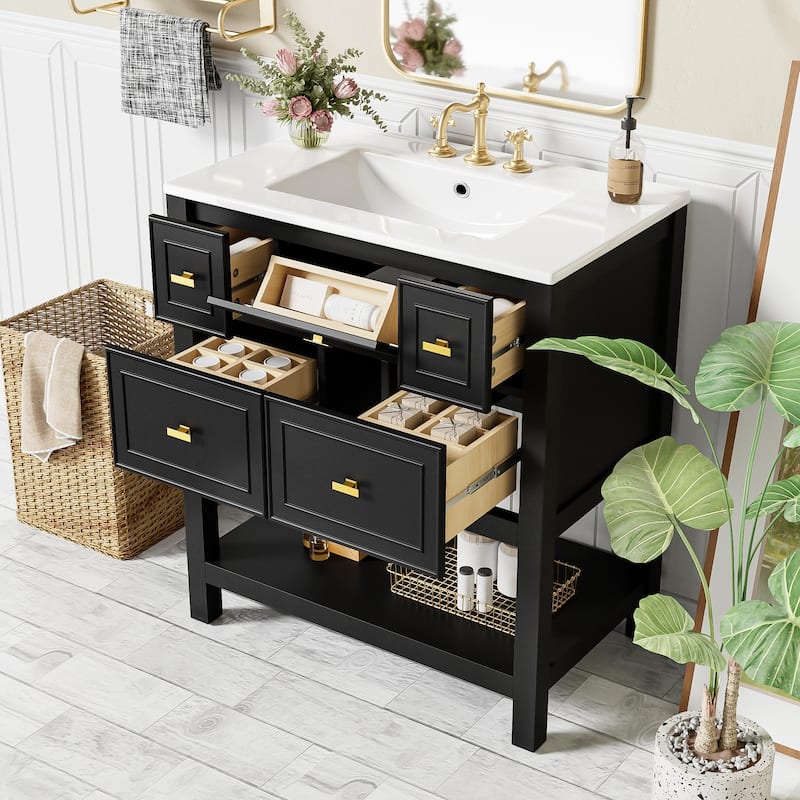 30'' Bathroom Vanity with Ceramic Sink Combo, Free Standing Single Vanity Set with 5 Drawers