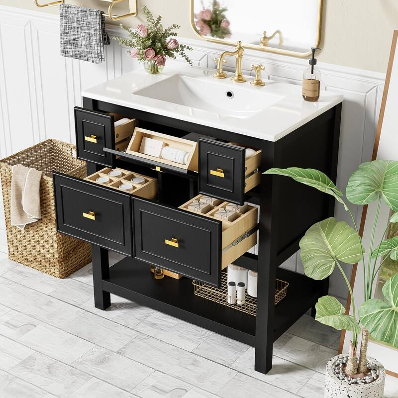 Bathroom Vanity with Ceramic Sink, Bathroom Storage Cabinet with 5 Drawers, Bathroom Vanity Set with Open Shelf