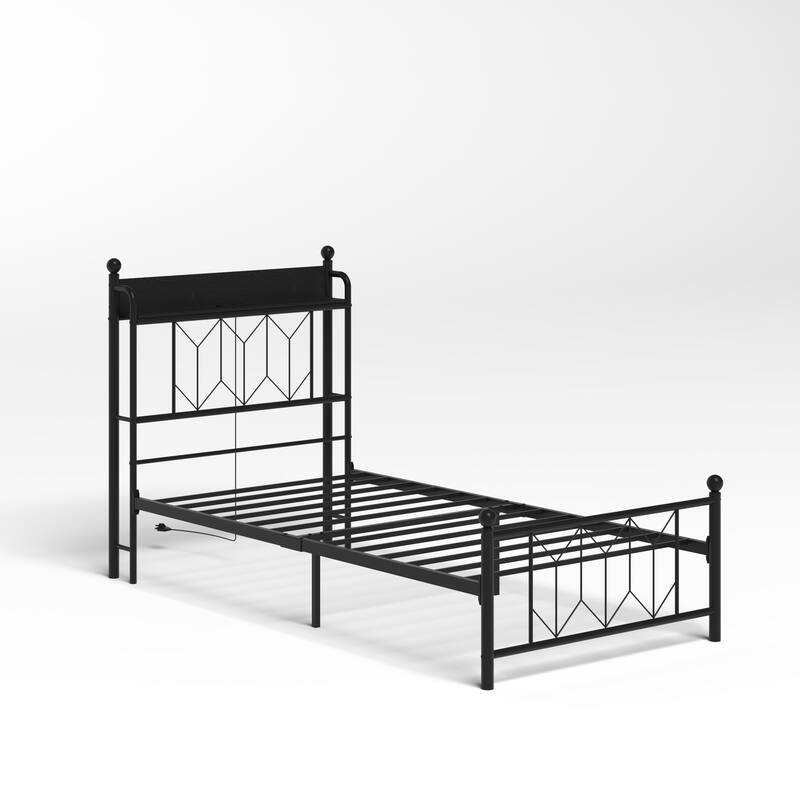 Twin Bed Frames, Headboard and Charging Station & LED Light for Bedroom, Solid and Stable, Noise Free, No Box Spring Needed