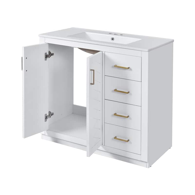 36" Bathroom Vanity Combo with Ceramic Basin, Solid Wood Frame, 3 Drawers, Soft-Close Doors