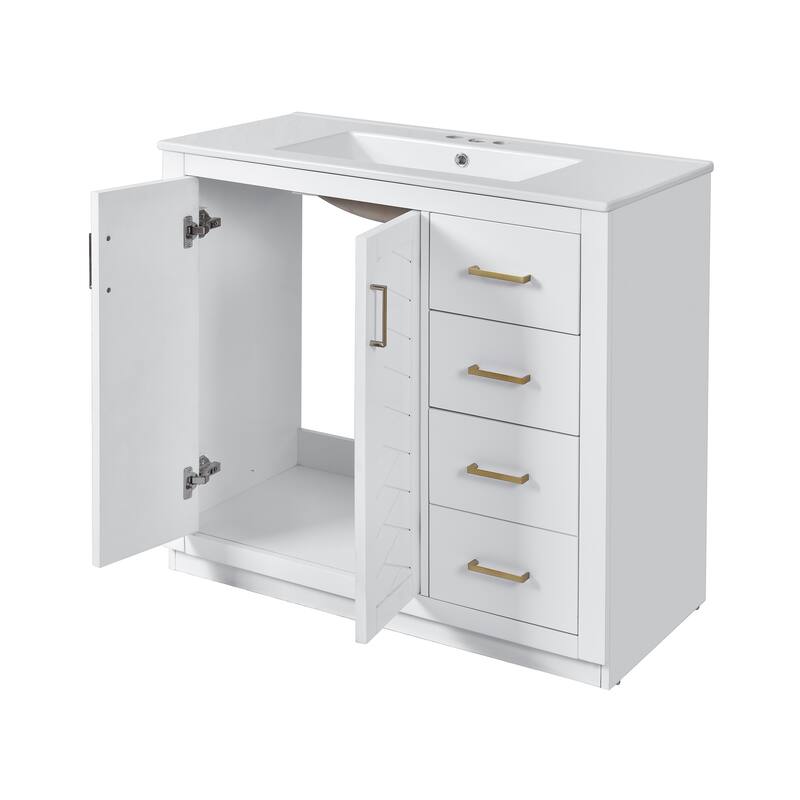Roomfitters 36" Vanity with Ceramic Sink, Solid Wood Freestanding Cabinet with 3 Drawers and Soft Closing Doors