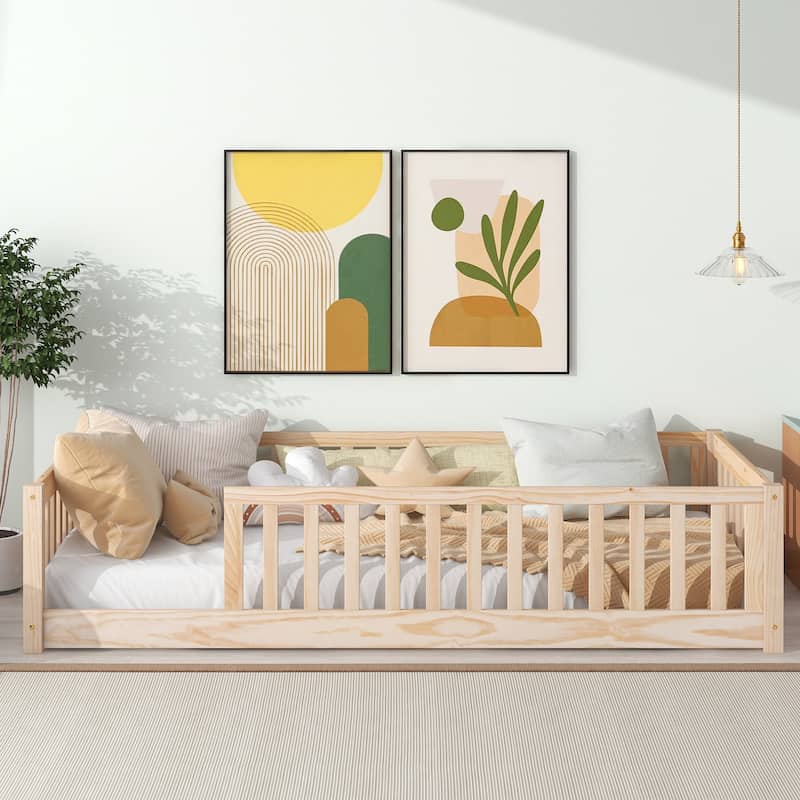 Floor Platform Bed with Fence without Door - Natural