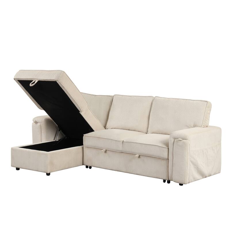 Upholstery Sleeper Sectional Sofa with Storage Bags & 2 Hidden Cup Holders