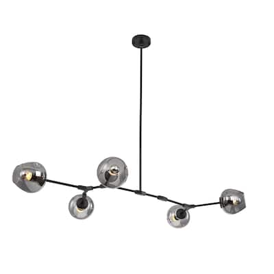 5 Light Black Iron Pendant With Smoke Glass Shades